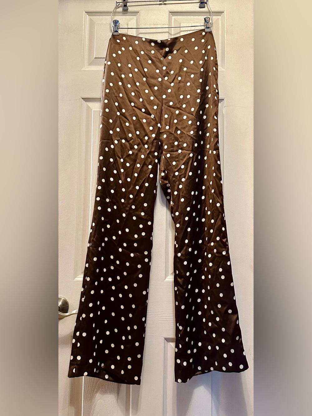 Zara brown satin polka dot wide-leg trousers.
